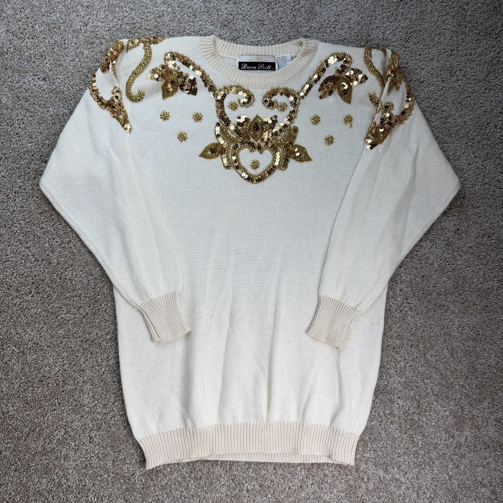Vintage Dana Scott Sweater Womens Small White Beaded Sequin Floral Knit Pullover